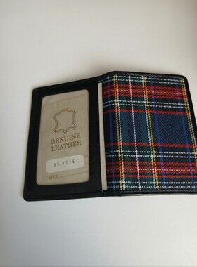Genuine Leather Bifold Wallet with Navy Tartan Accent